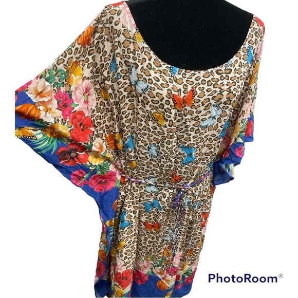 Johnny Was FLEUR KAFTAN DRESS WITH BRAIDED TIE leopard print with butterfly’s - Picture 7 of 14